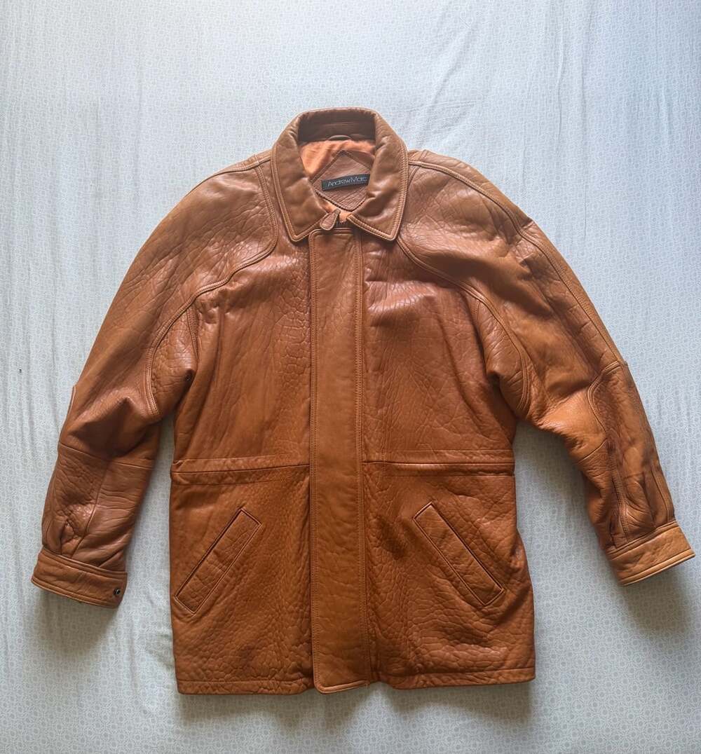 Vintage Andrew Marc Leather Parka Jacket Coat Heavyweight Brown Cognac XL